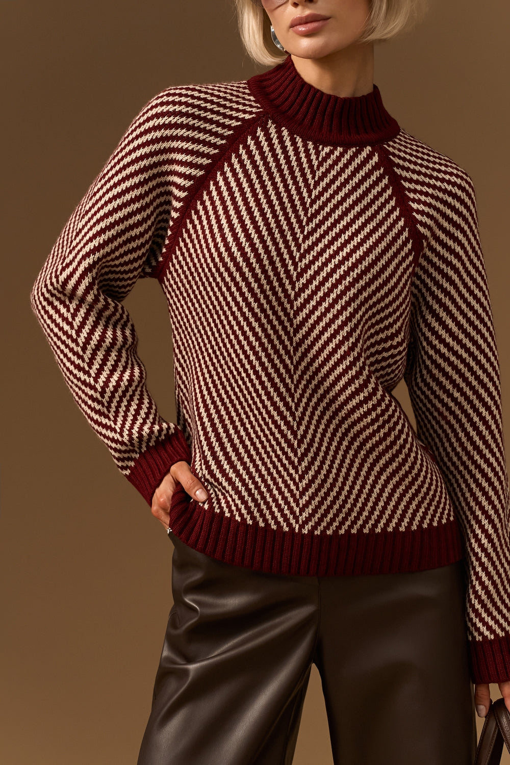 Women’s Wool Chevron Knit Raglan Sweater with Stand Collar