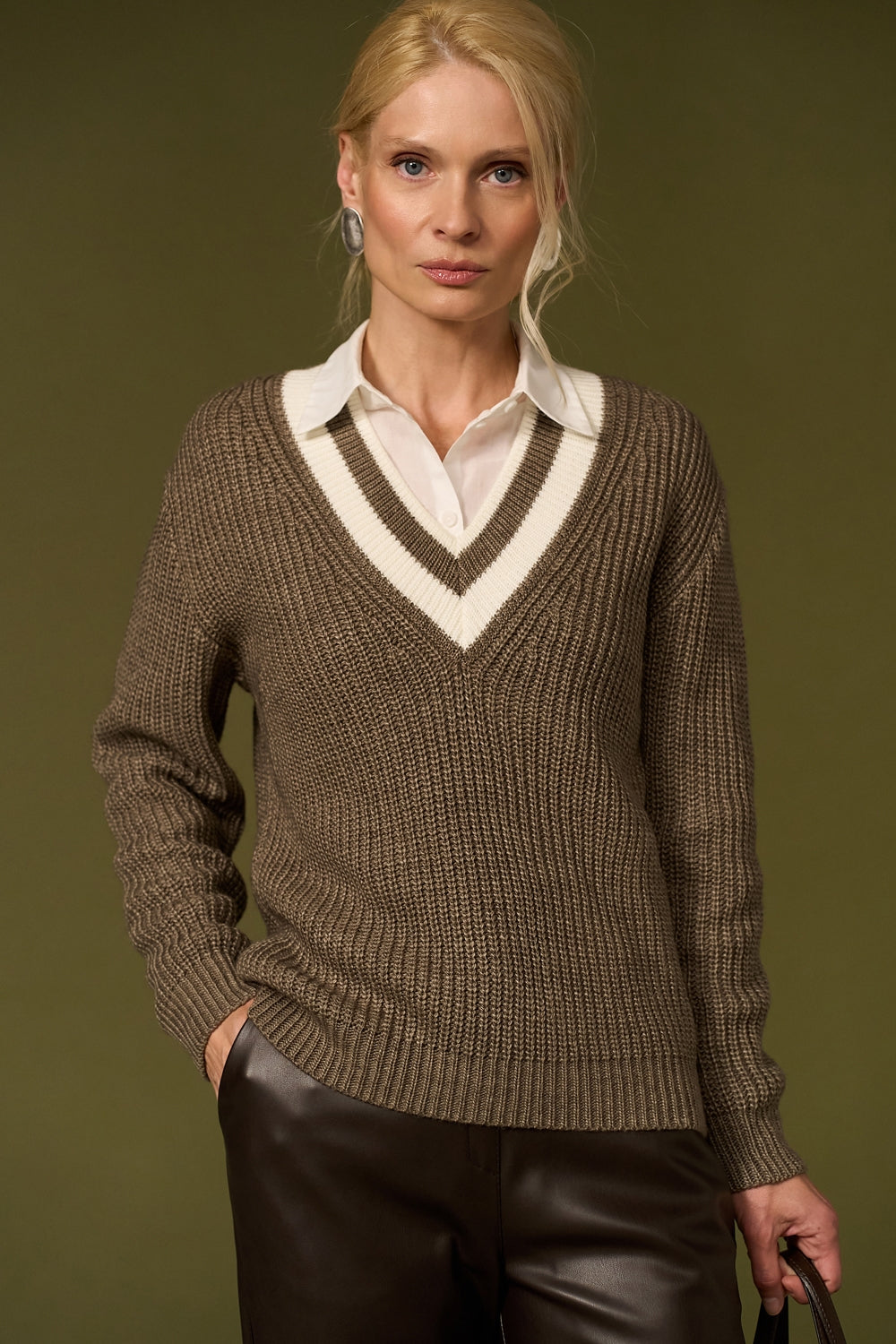 Wool Textured Knit V Neck Sweater with Dropped Shoulders