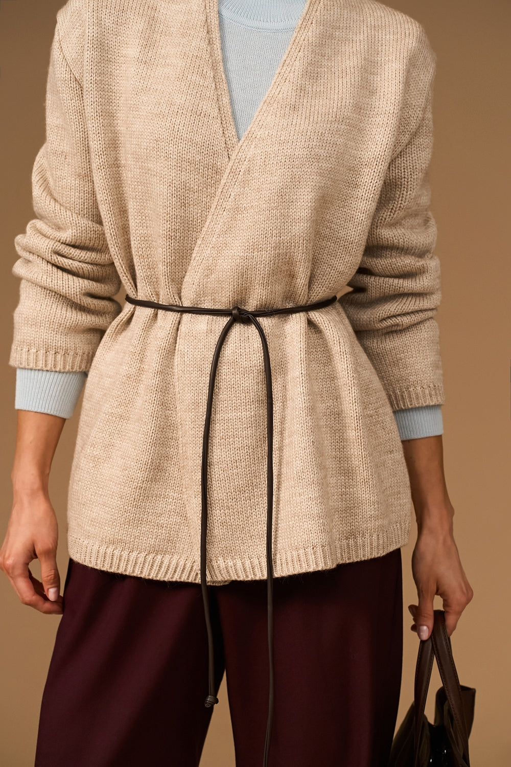 Women’s Wool Knit Wrap Cardigan with Faux Leather Tie Belt