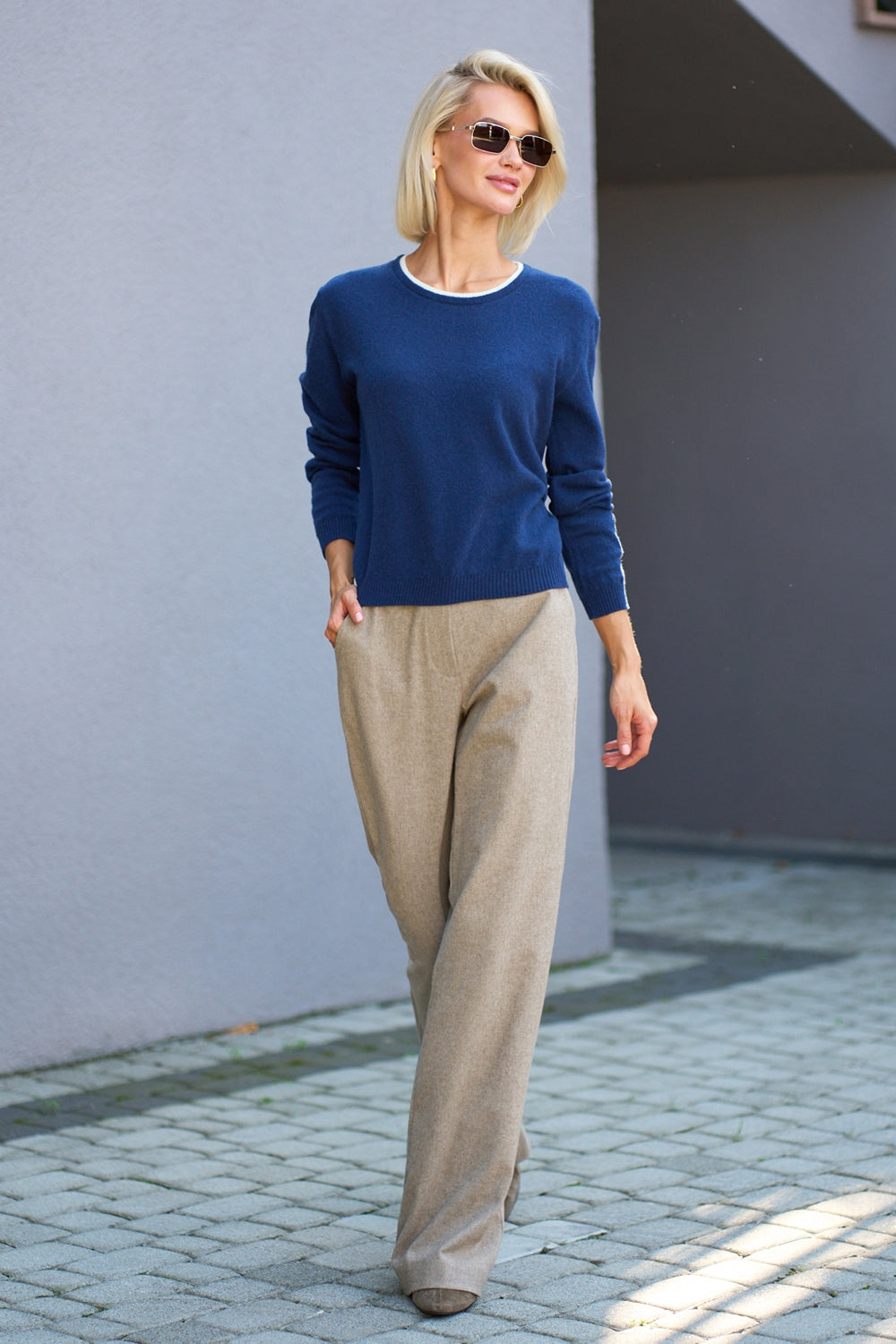 Lambswool Cashmere Knit Crew Neck Sweater with Contrast Trim