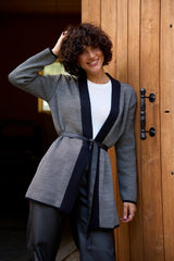 Women’s Wool Knit Wrap Cardigan with Wide Belt and Contrast Trim