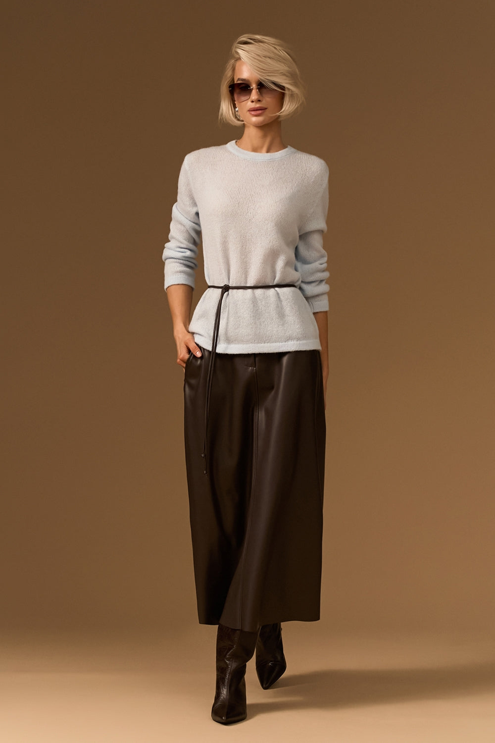Faux Leather A-Line Midi Skirt with Pockets