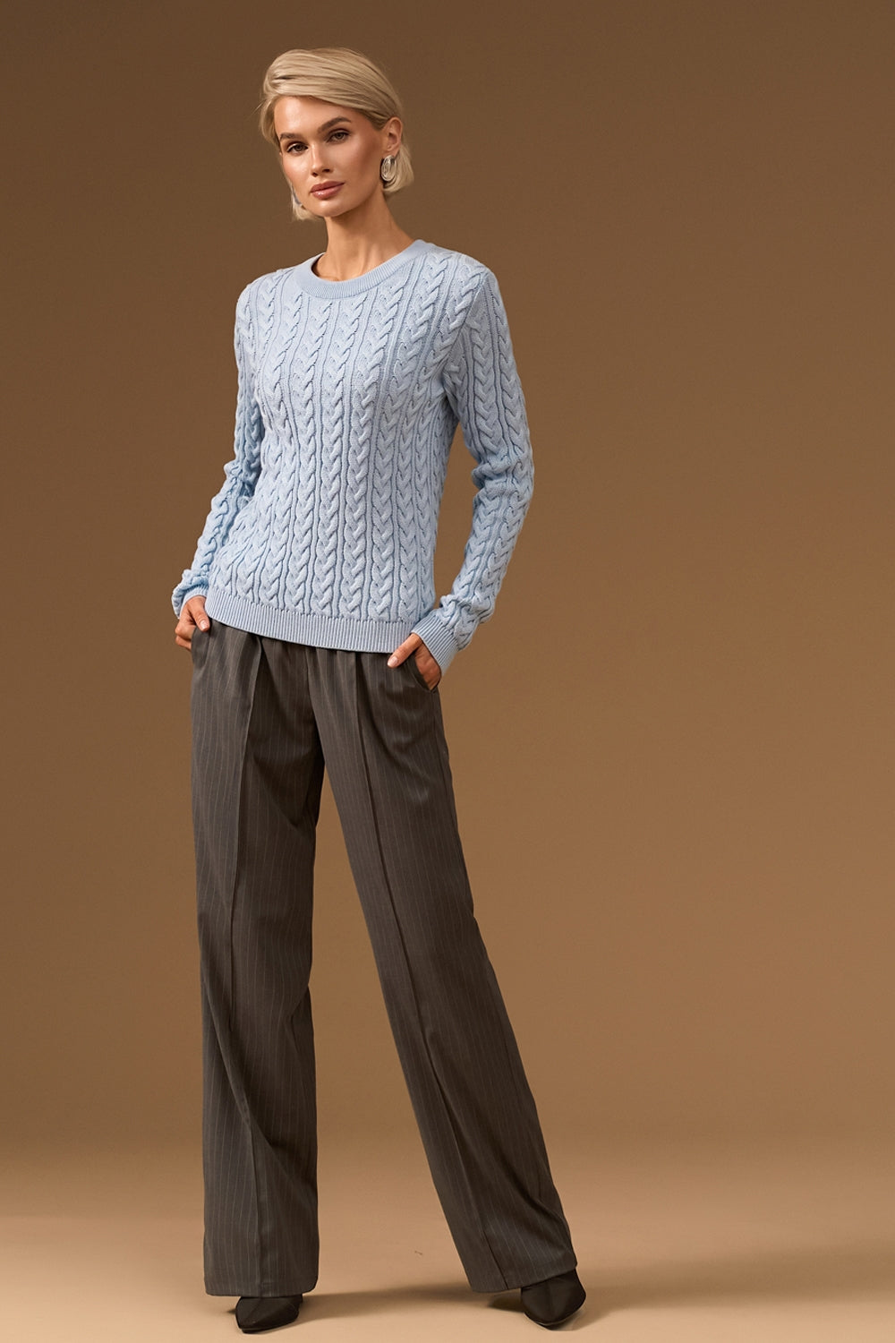 Pinstripe Straight Leg Pants with Elastic Waist