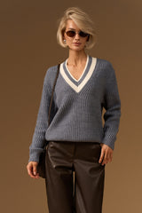 Wool Textured Knit V Neck Sweater with Dropped Shoulders