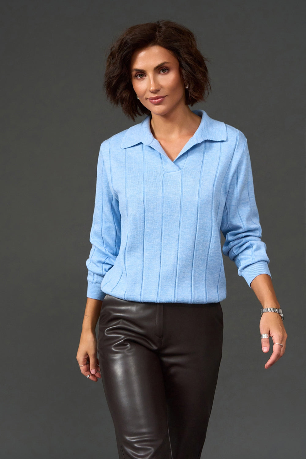 Sky blue women's cashmere polo sweater with open collar and textured knit