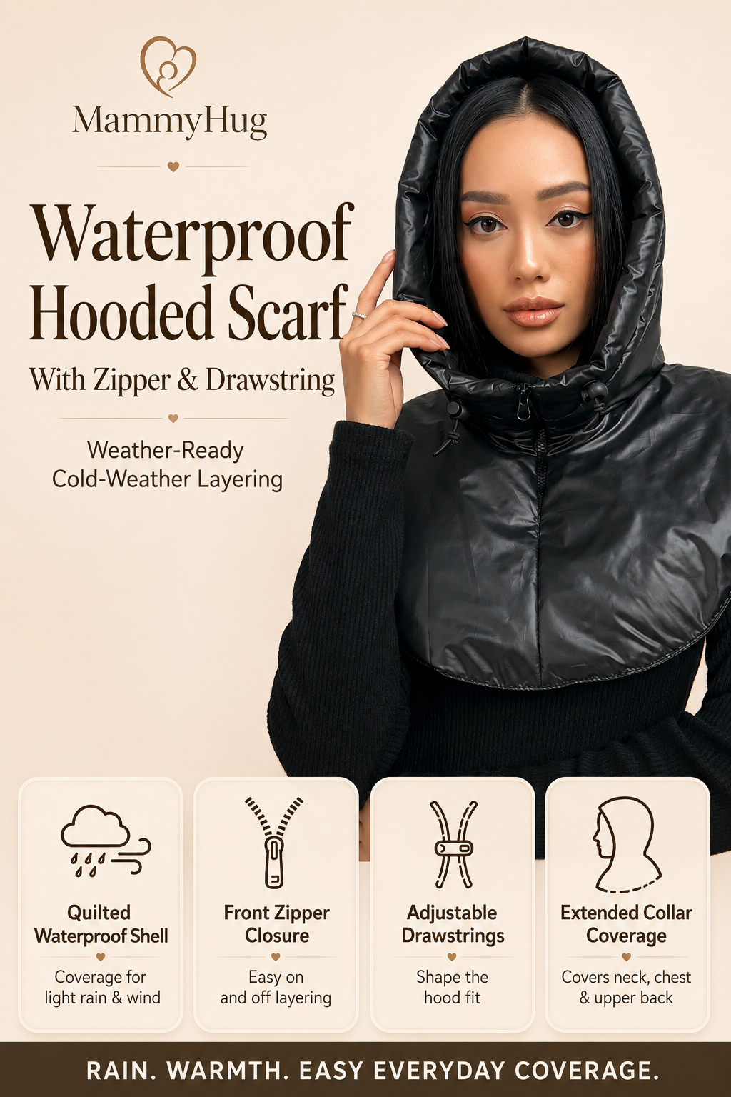 Waterproof Hooded Scarf With Zipper And Drawstring