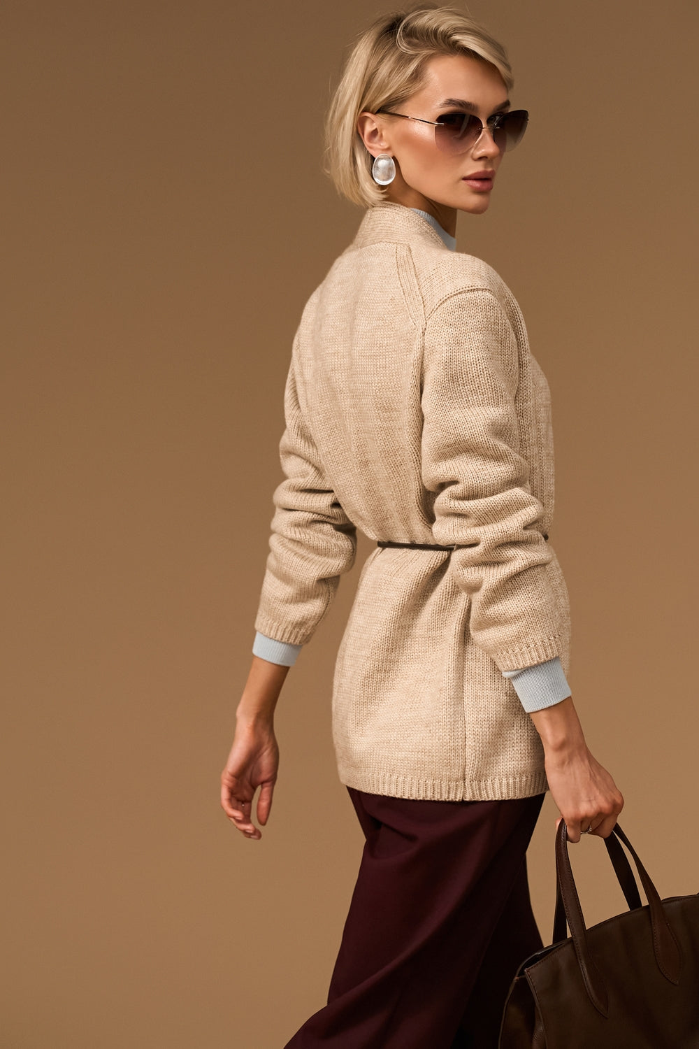 Women’s Wool Knit Wrap Cardigan with Faux Leather Tie Belt