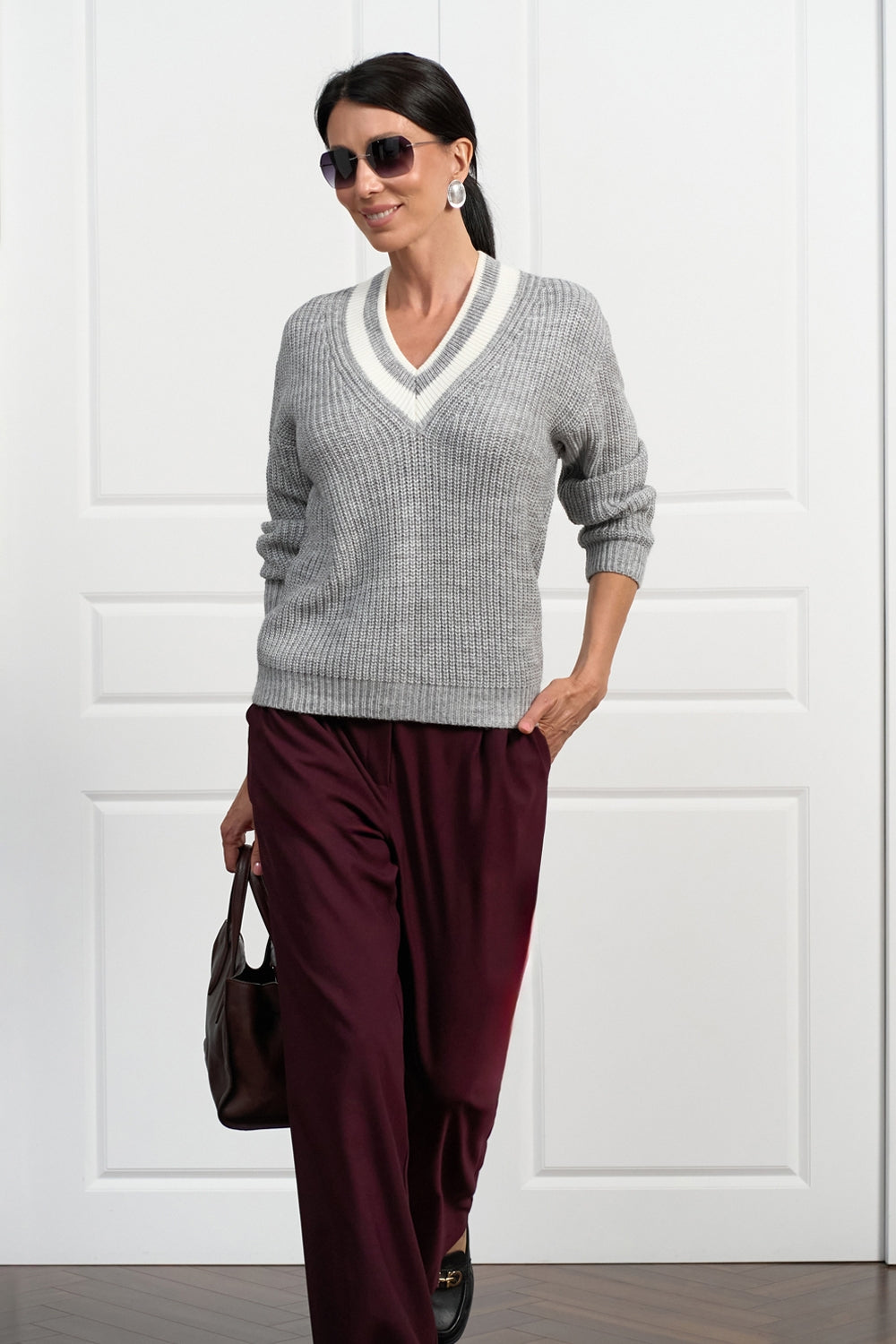Wool Textured Knit V Neck Sweater with Dropped Shoulders