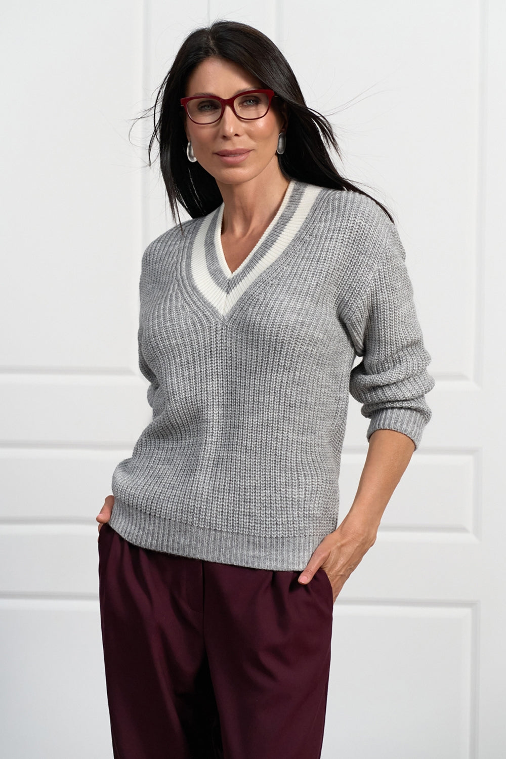 Wool Textured Knit V Neck Sweater with Dropped Shoulders