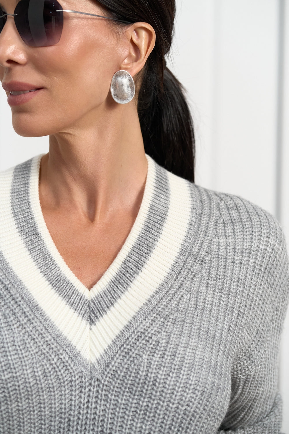 Wool Textured Knit V Neck Sweater with Dropped Shoulders