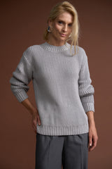 Cotton Chunky Knit Crew Neck Sweater, Steel Gray