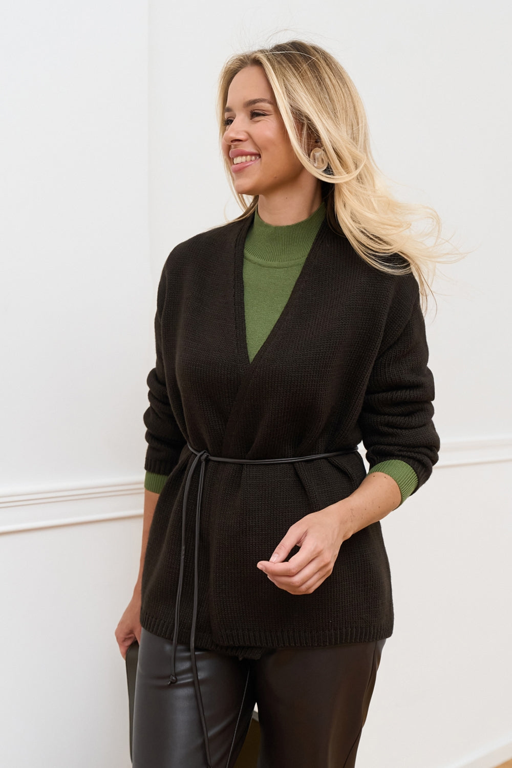 Women’s Wool Knit Wrap Cardigan with Faux Leather Tie Belt