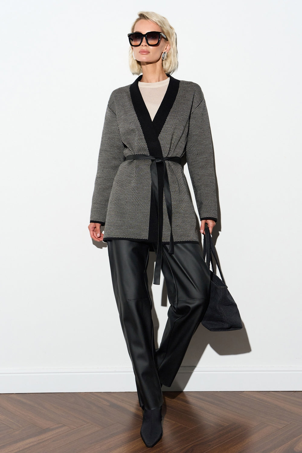 Women’s Wool Knit Wrap Cardigan with Wide Belt and Contrast Trim