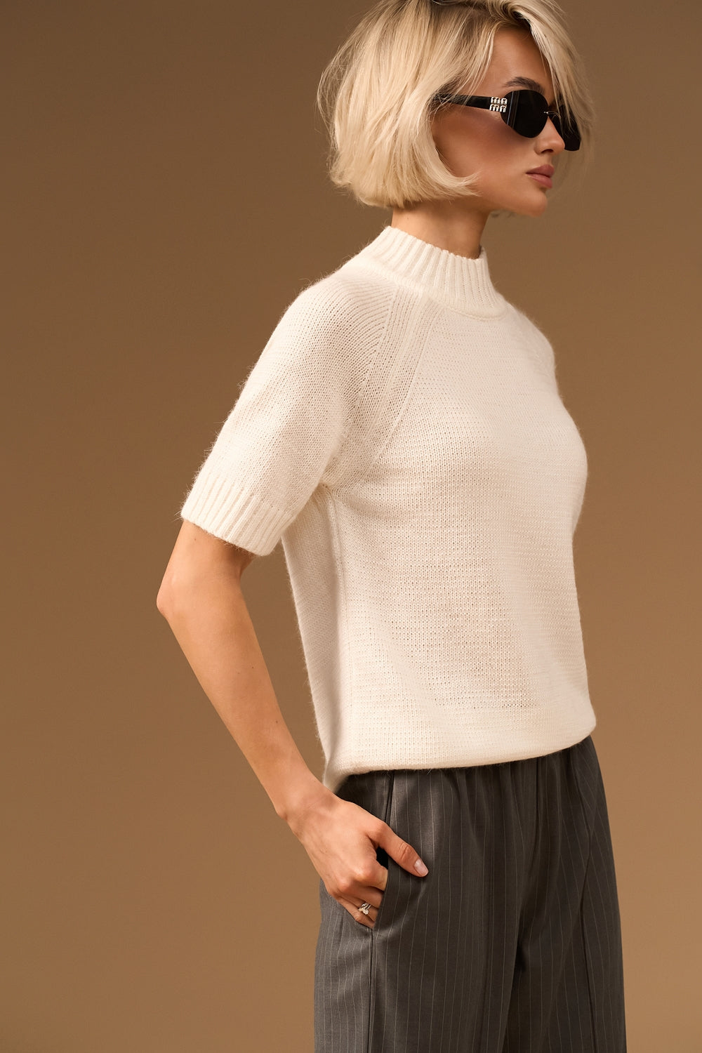 Wool Angora Raglan Mock Neck Short Sleeve Sweater