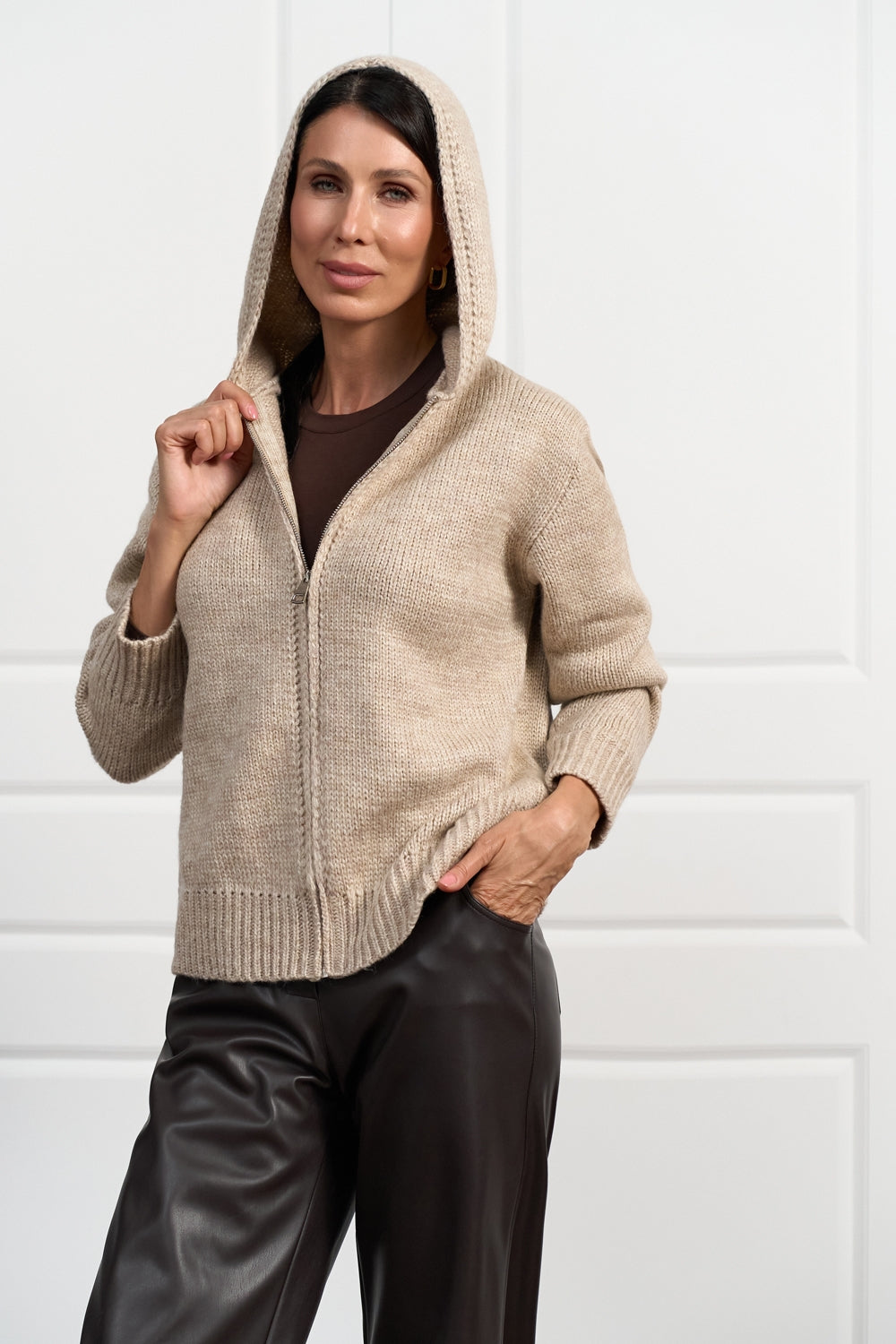 Women’s Alpaca Wool Hooded Zip Cardigan with Ribbed Trim