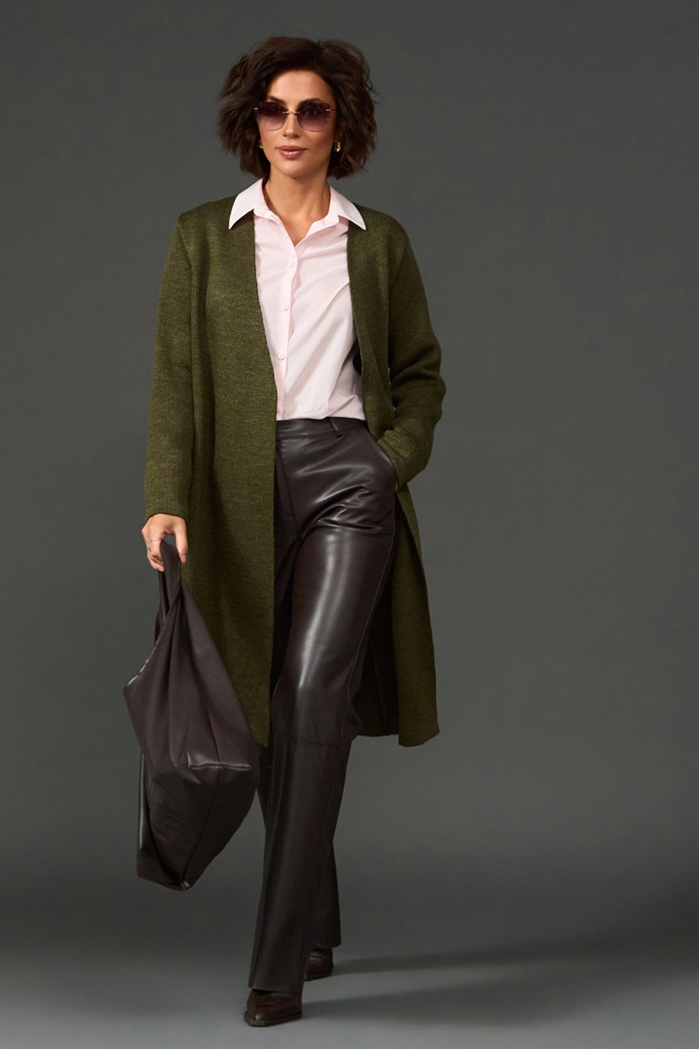 Long Wool Knit Wrap Cardigan with Faux Leather Belt