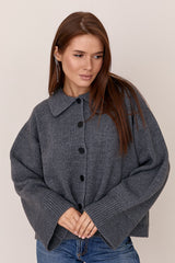 Fine Merino Wool Oversized Collared Knit Cardigan, Dark Gray