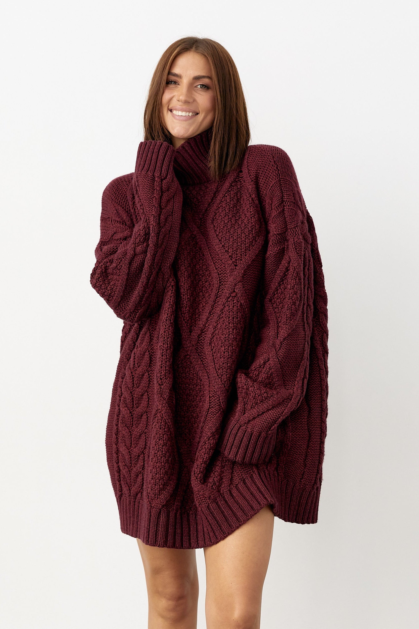 Oversized Cable Knit Turtleneck Sweater – Merino Wool Green / One size S-L