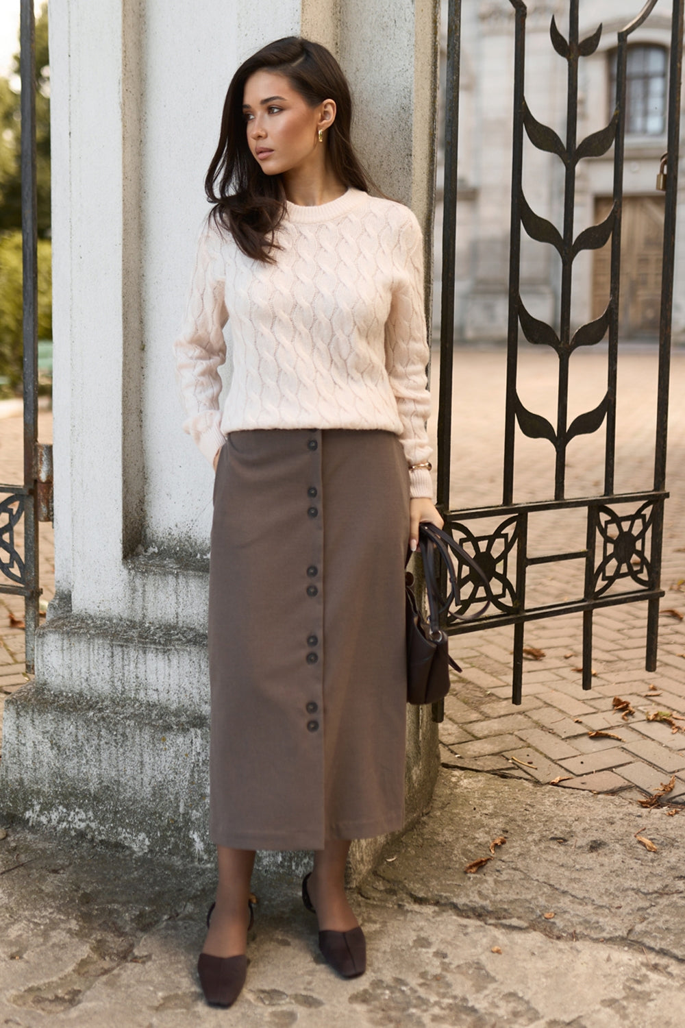 Women’s Wool Midi Skirt Button Front Straight Fit
