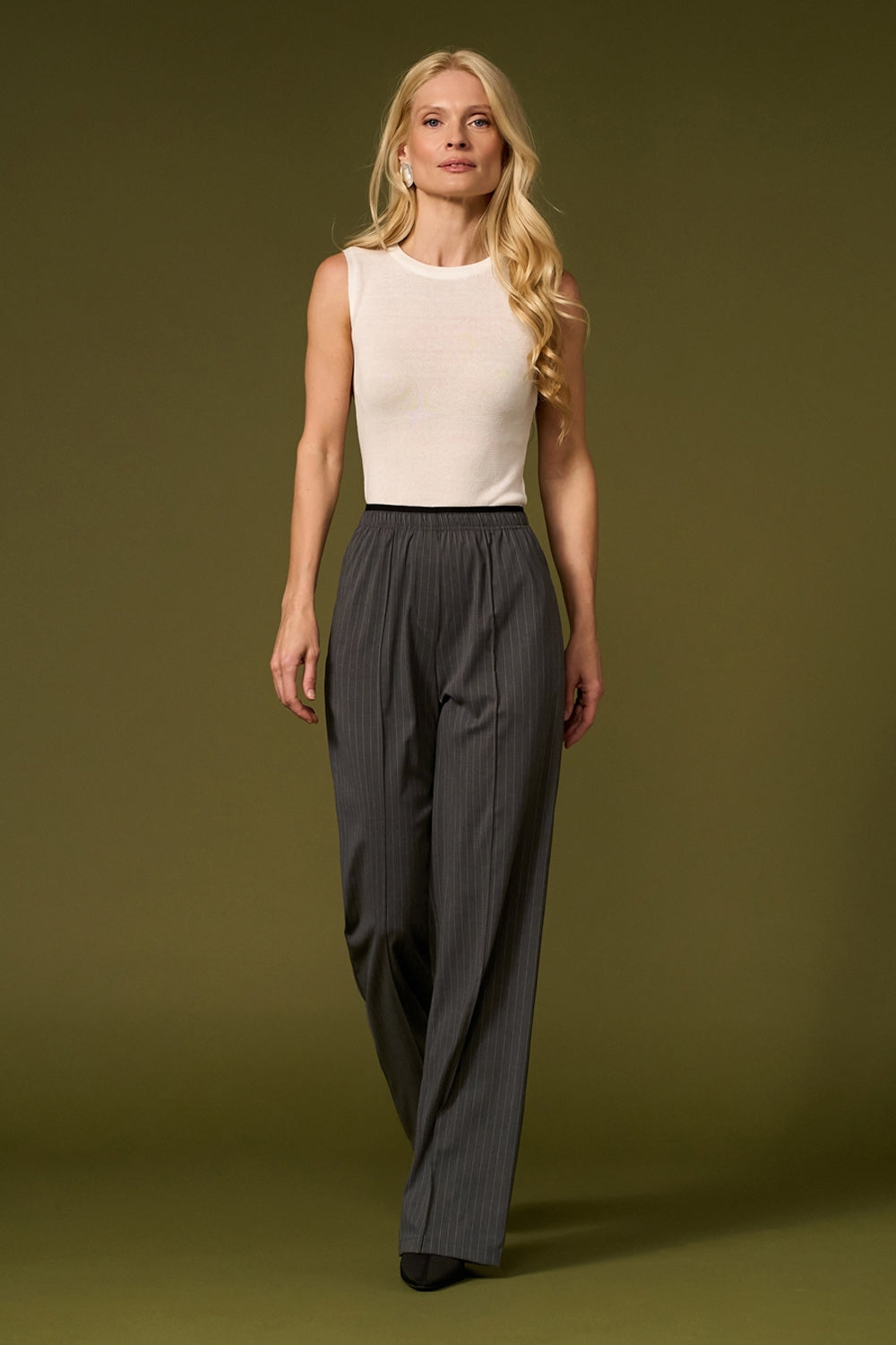Pinstripe Straight Leg Pants with Elastic Waist