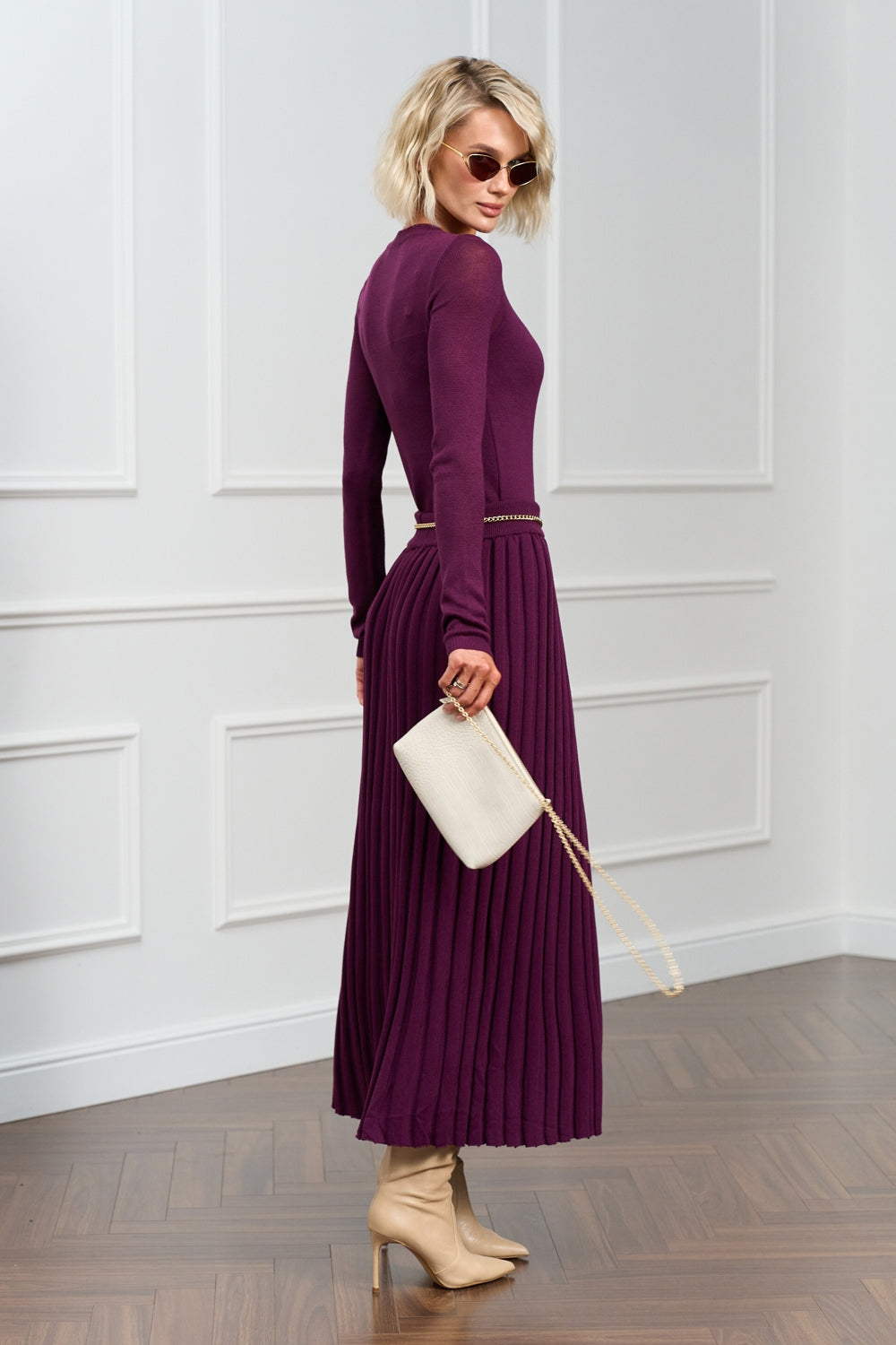 Cotton Knit Pleated Midi Skirt