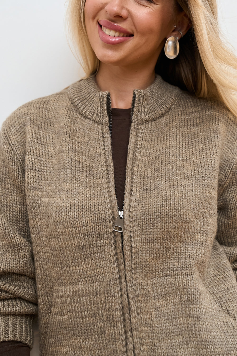 Wool Alpaca Zip Knit Cardigan with Stand Collar