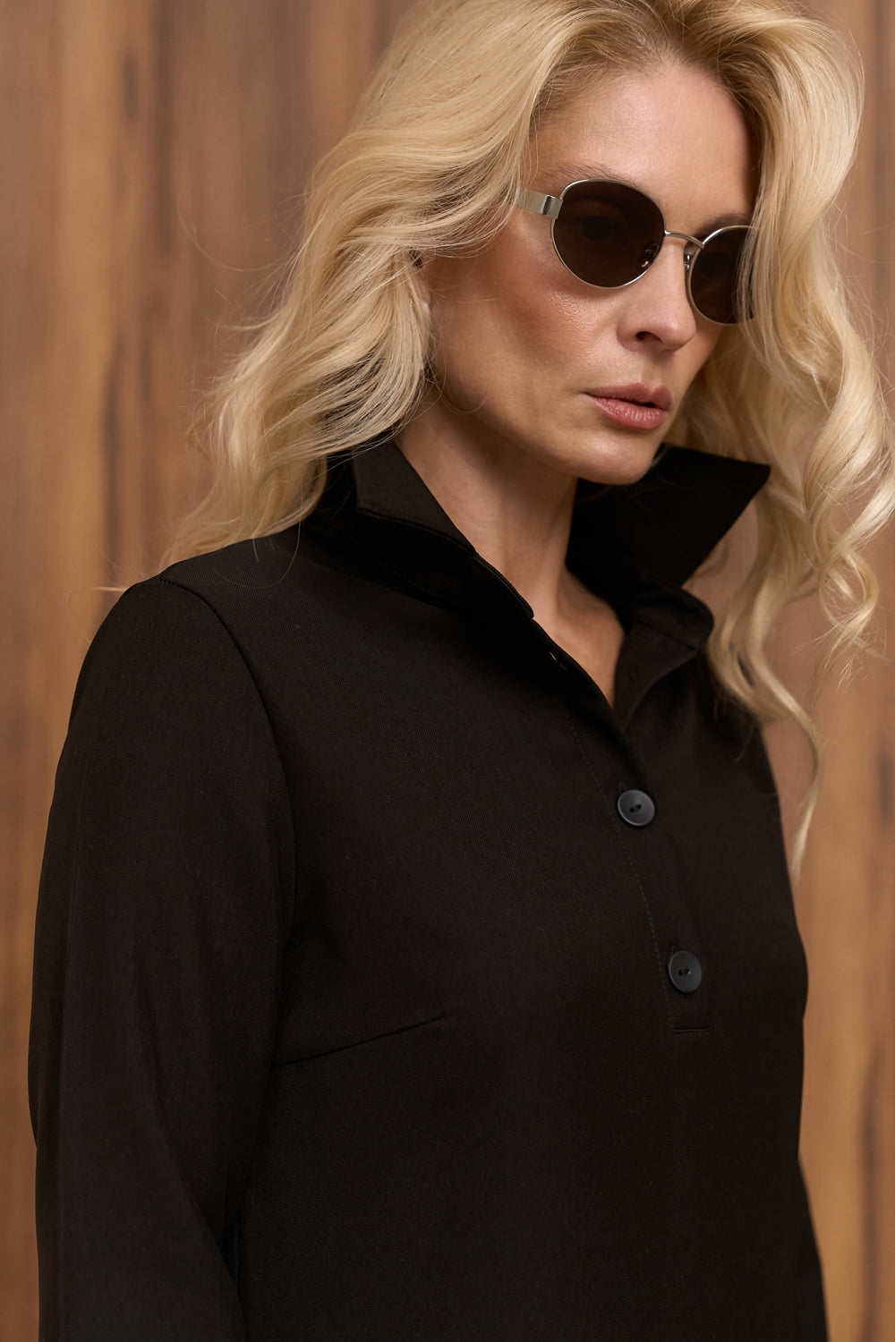 Women's black polo collar maxi dress in smooth stretch fabric