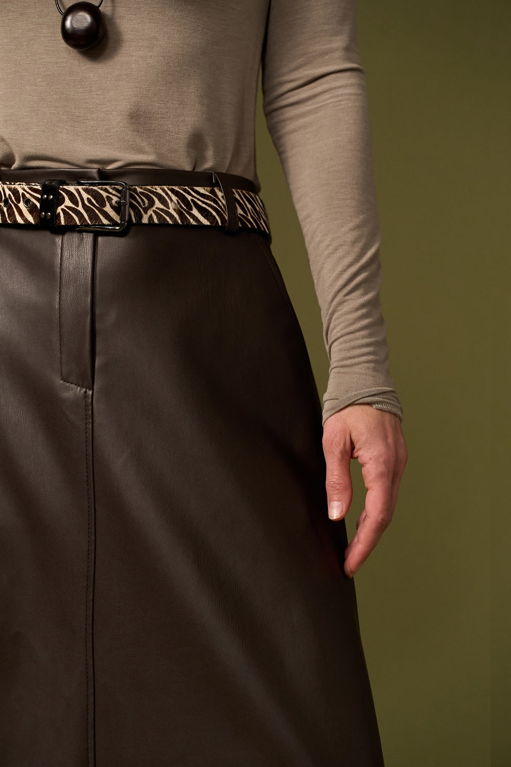 Faux Leather A-Line Midi Skirt with Pockets
