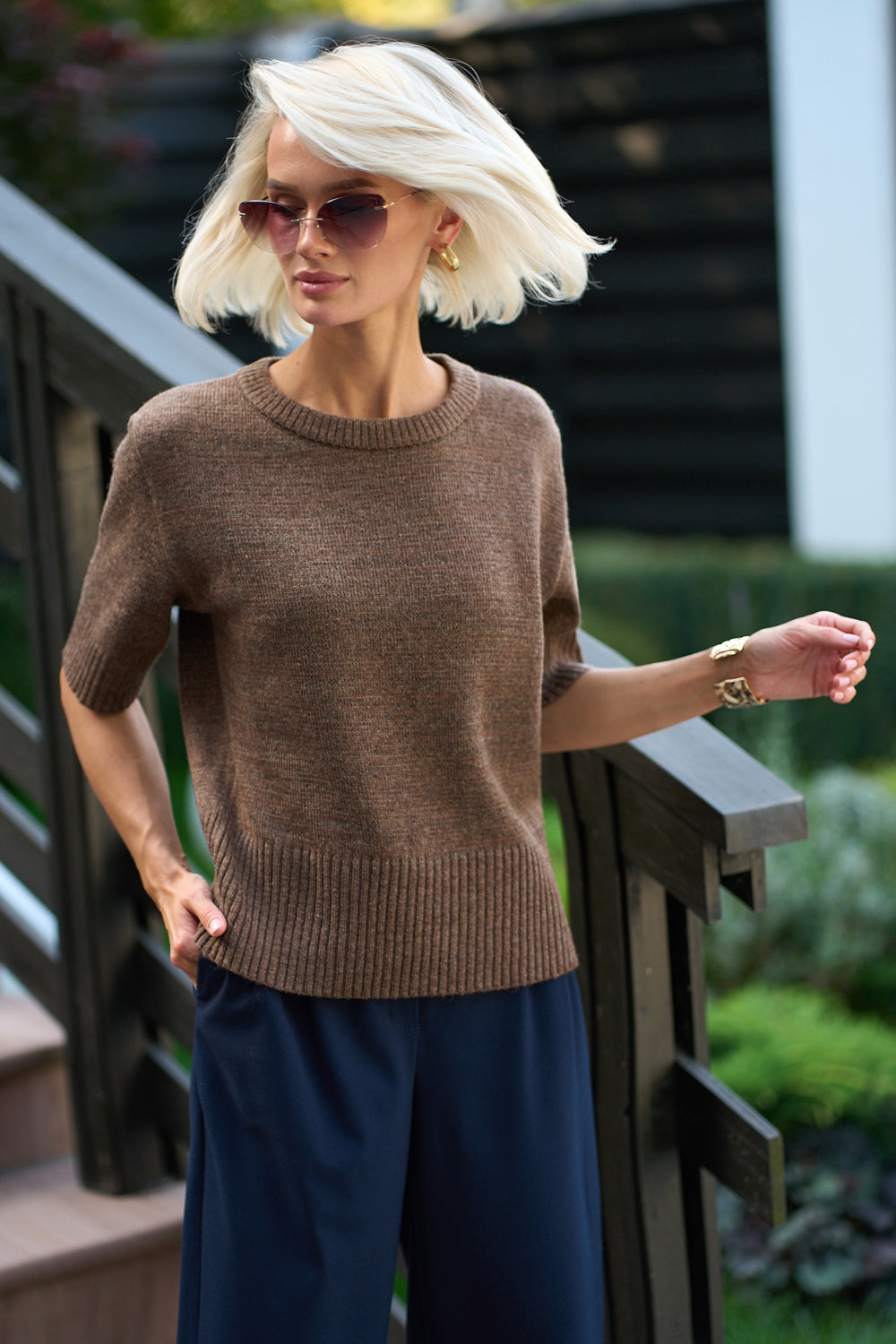 Wool Alpaca Knit Short Sleeve Crew Neck Sweater