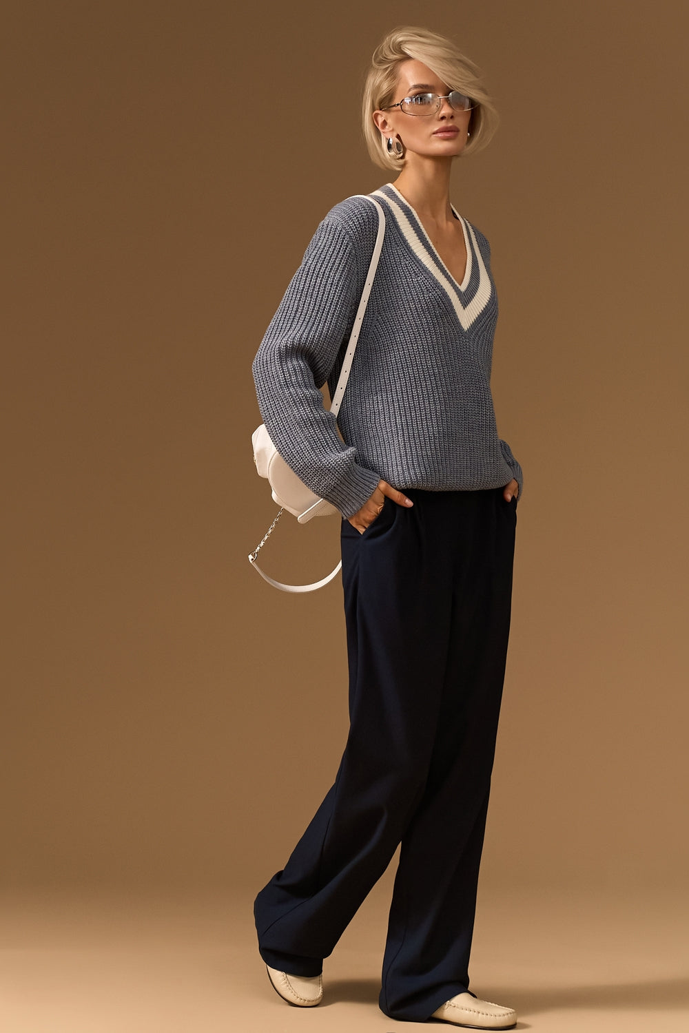 Wool Textured Knit V Neck Sweater with Dropped Shoulders
