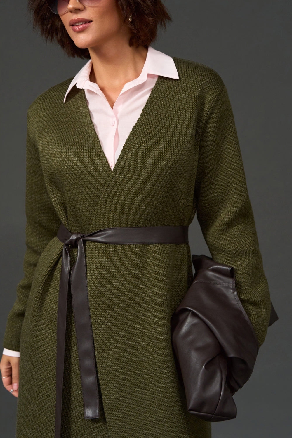 Long Wool Knit Wrap Cardigan with Faux Leather Belt