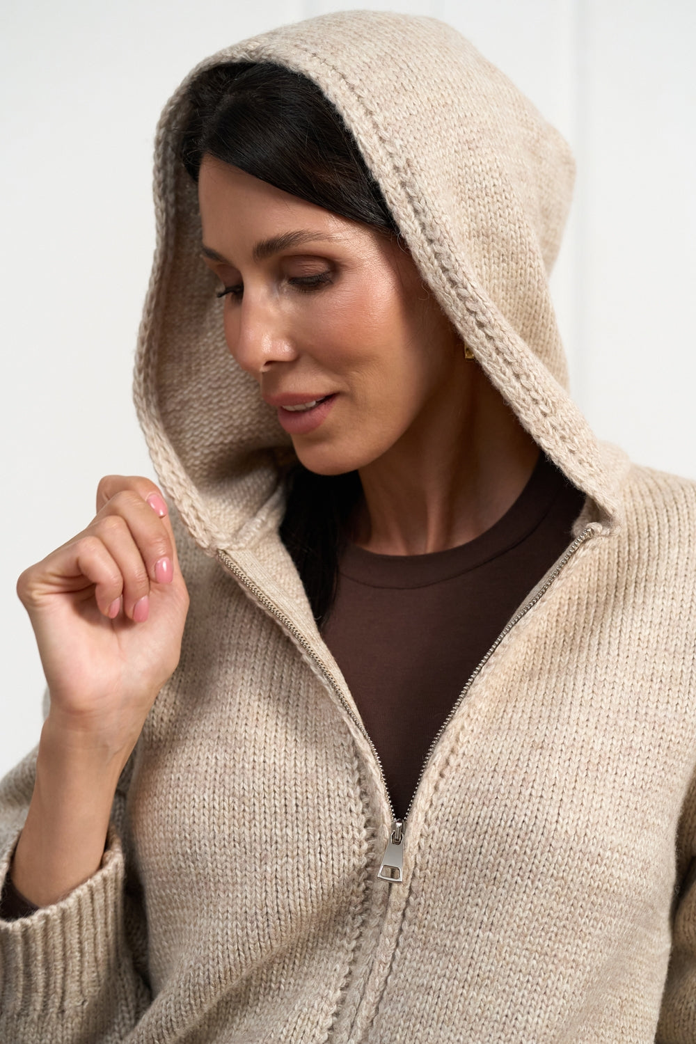 Women’s Alpaca Wool Hooded Zip Cardigan with Ribbed Trim