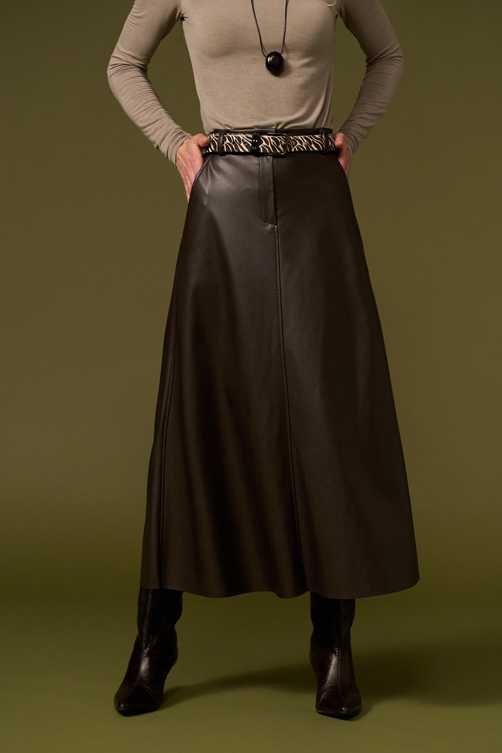 Faux Leather A-Line Midi Skirt with Pockets