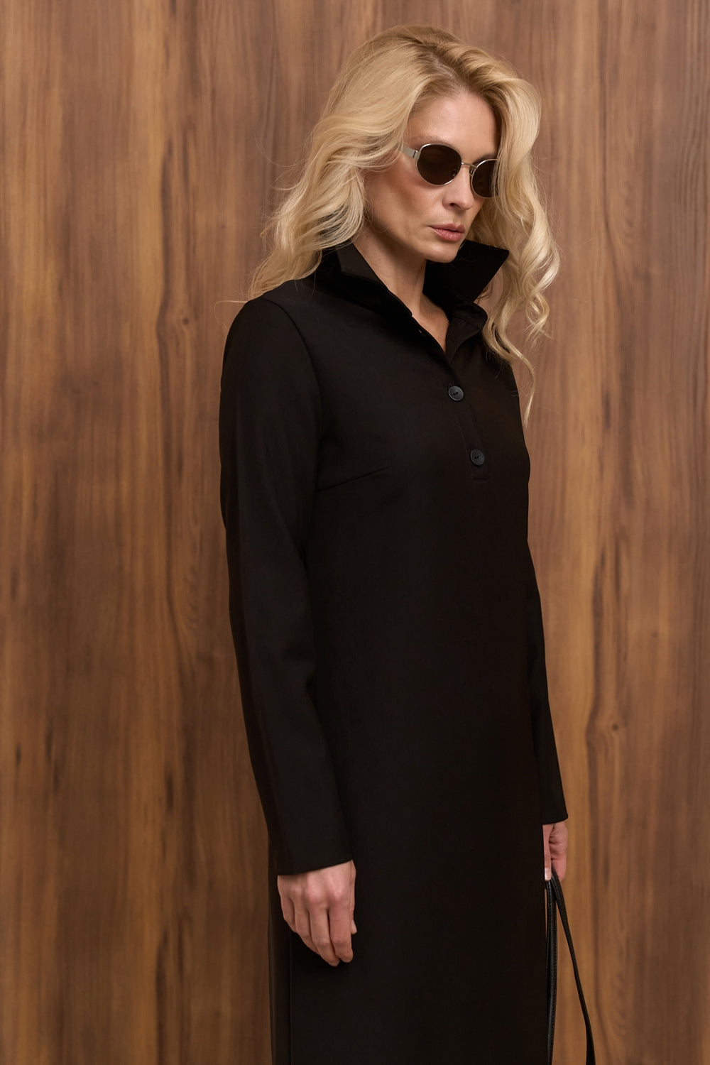 Black long sleeve polo dress with ankle-length hem