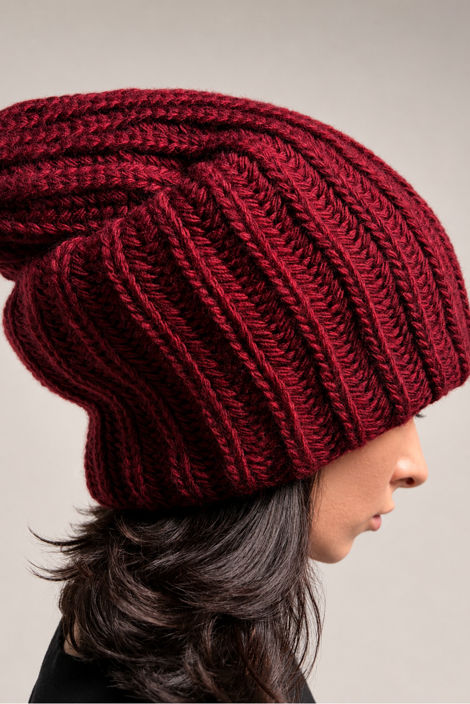 Burgundy oversized slouchy beanie with chunky textured knit