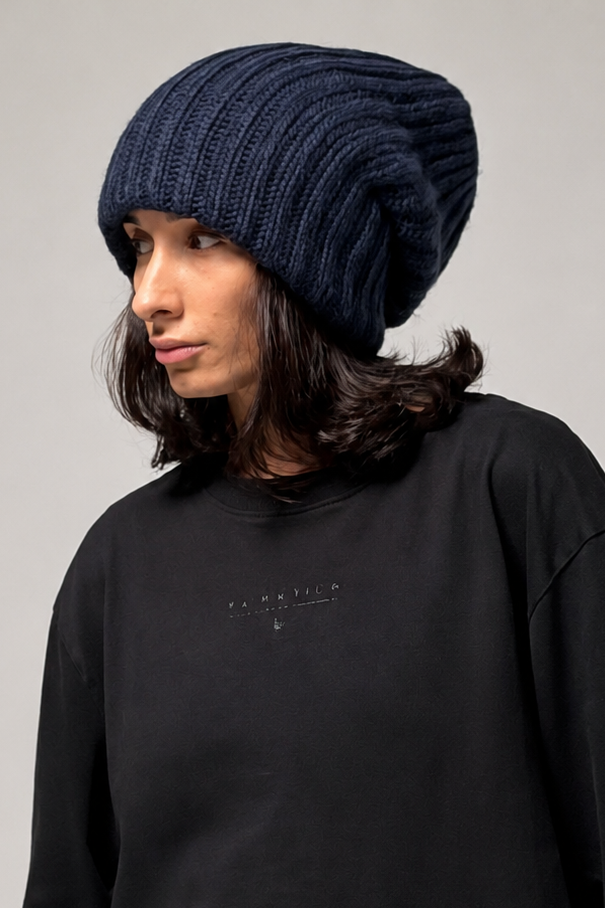 Navy blue oversized slouchy beanie with chunky textured knit