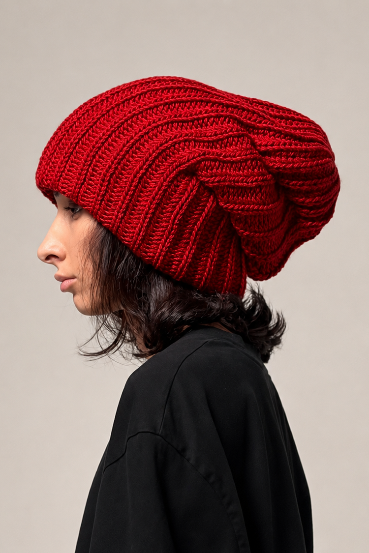 Red oversized slouchy beanie with chunky textured knit