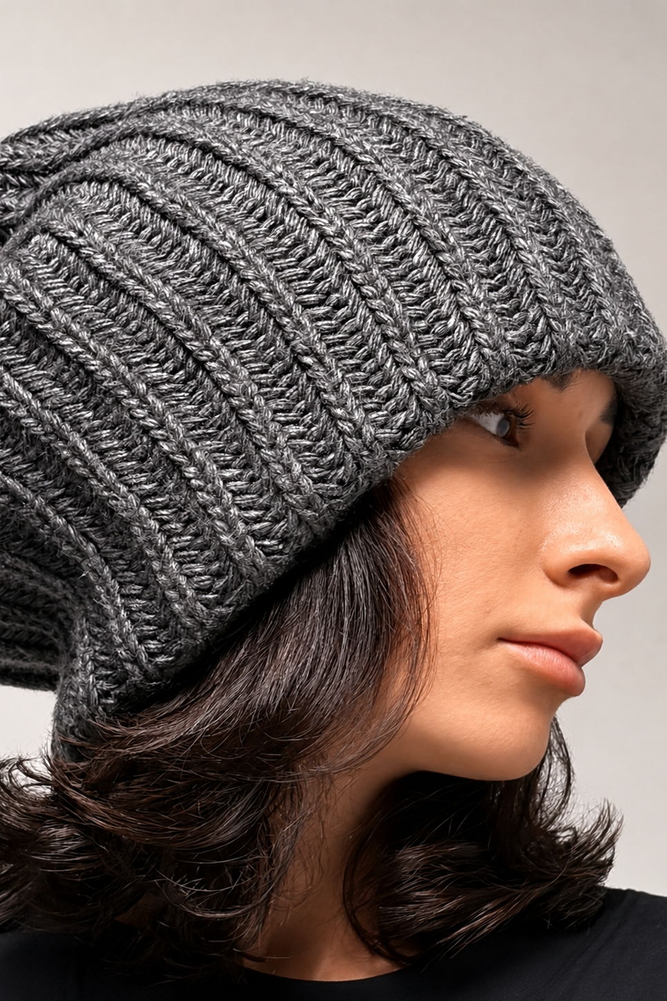 Chunky knit slouchy beanie showing oversized shape and textured knit