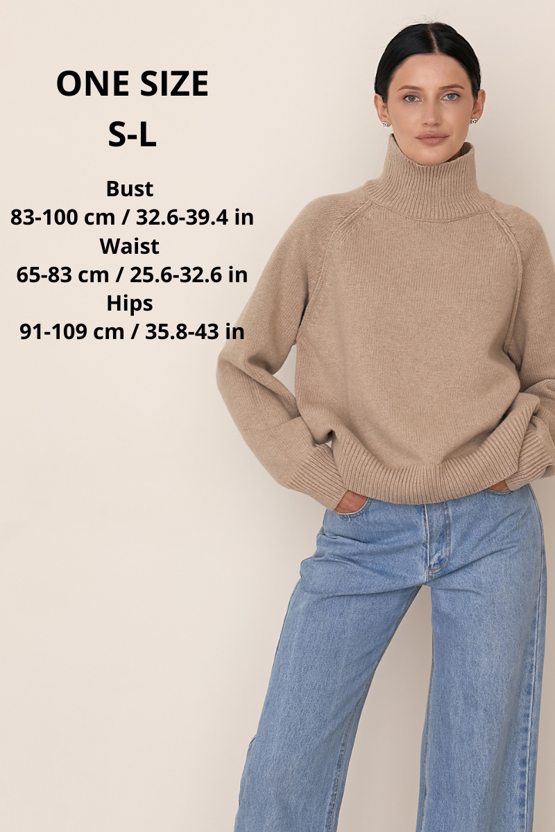 Size and fit guide for wool cashmere raglan turtleneck sweater
