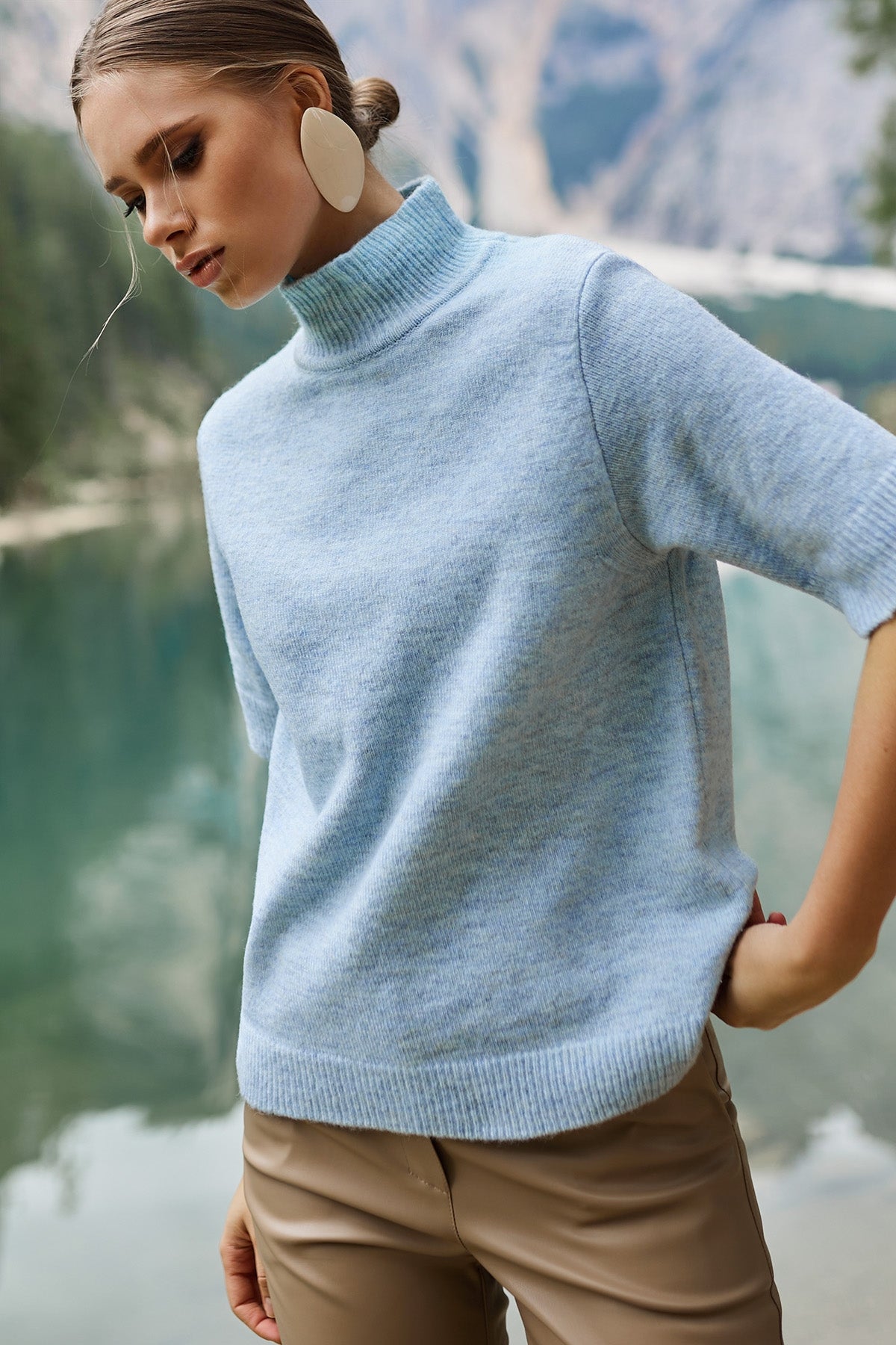 Wool Knit Top with Short Sleeves