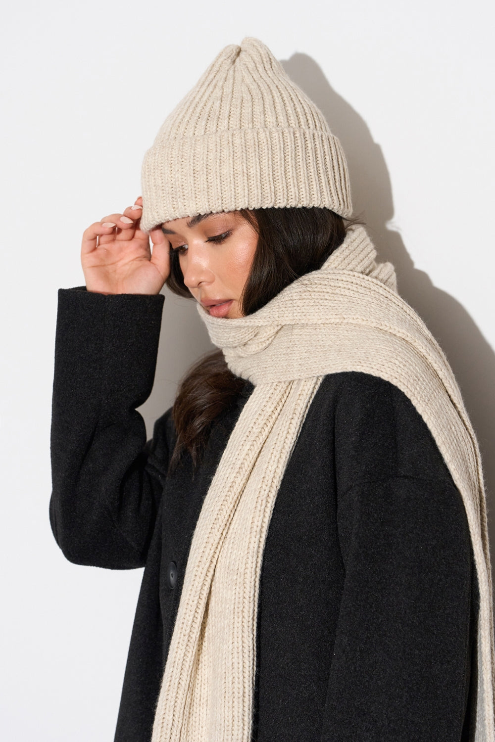 Chunky Wool Knit Beanie Hat, Oatmeal