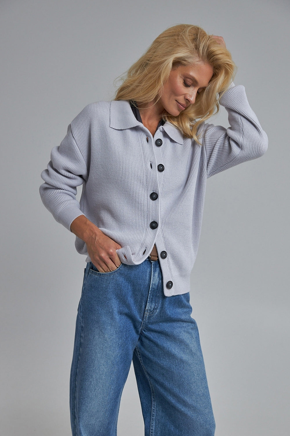 Alpaca Merino Wool Cardigan, Pale Blue Gray