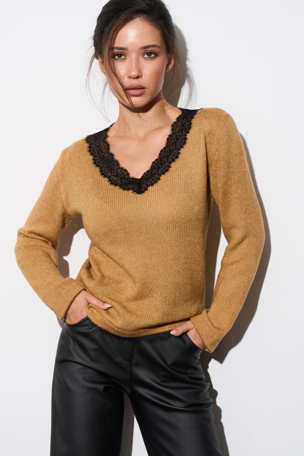 Baby Alpaca & Merino Wool Lace V-Neck Knit Sweater