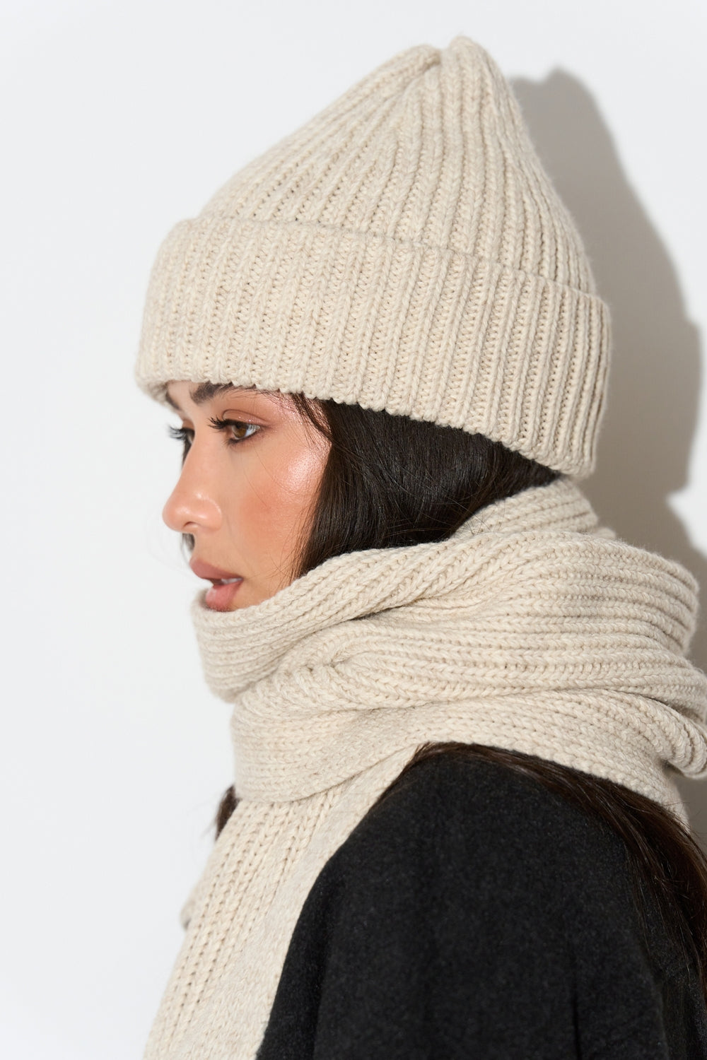 Chunky Wool Knit Beanie Hat, Oatmeal