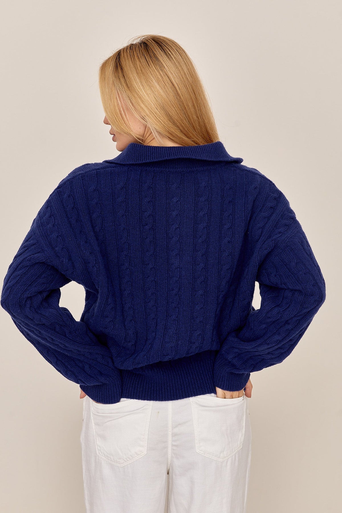 100% Merino Wool Cable Knit Polo Sweater, Navy