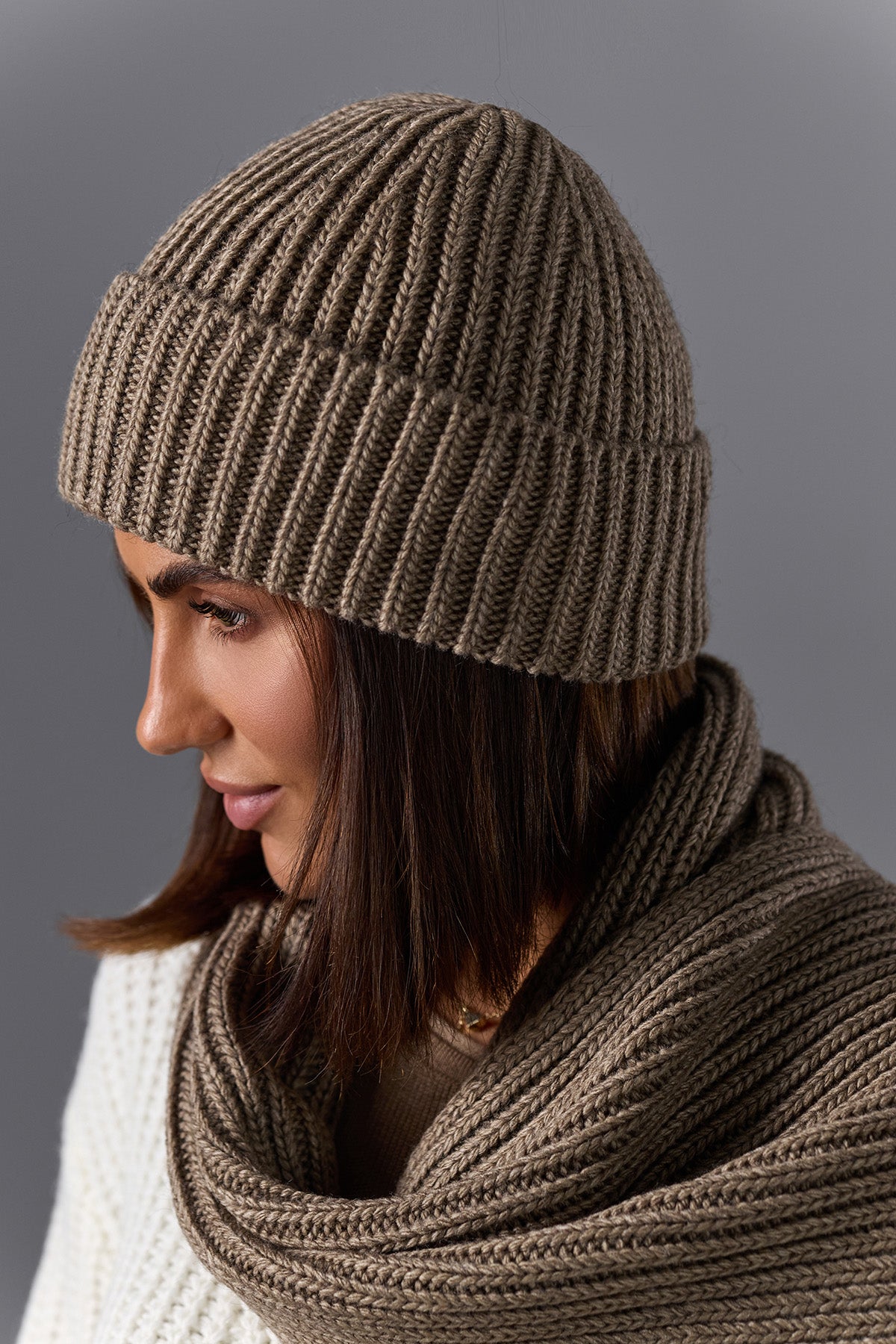 Chunky Wool Knit Beanie Hat, Taupe