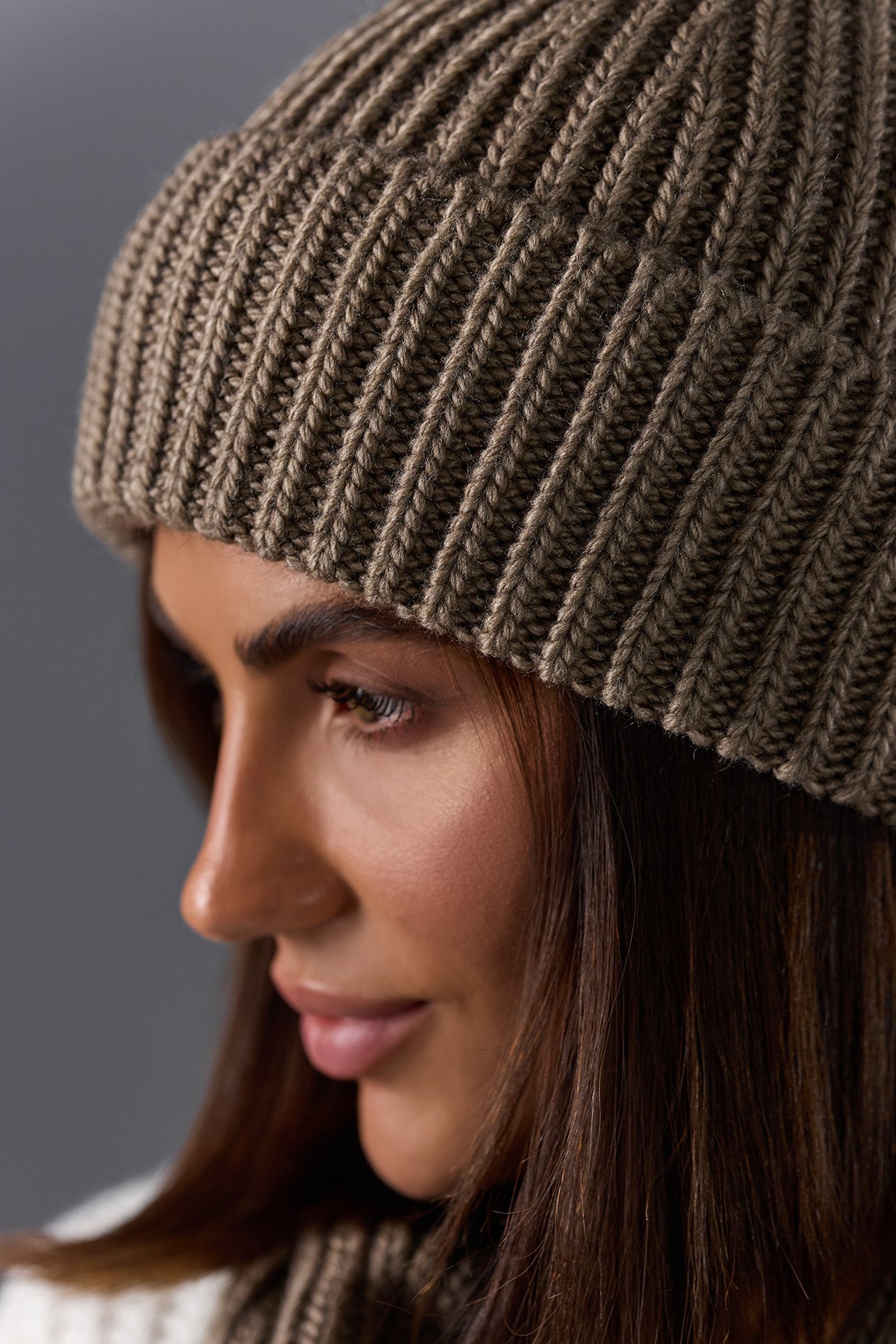 Chunky Wool Knit Beanie Hat, Taupe