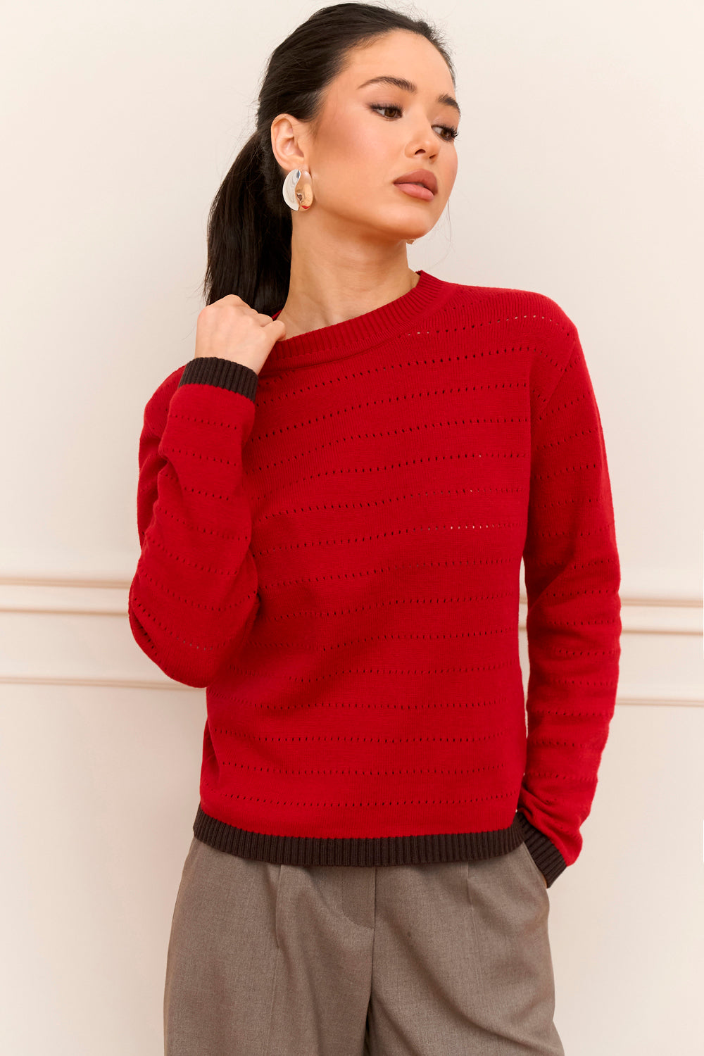Cotton Bamboo Knit Sweater With Contrast Cuffs, Crimson Red
