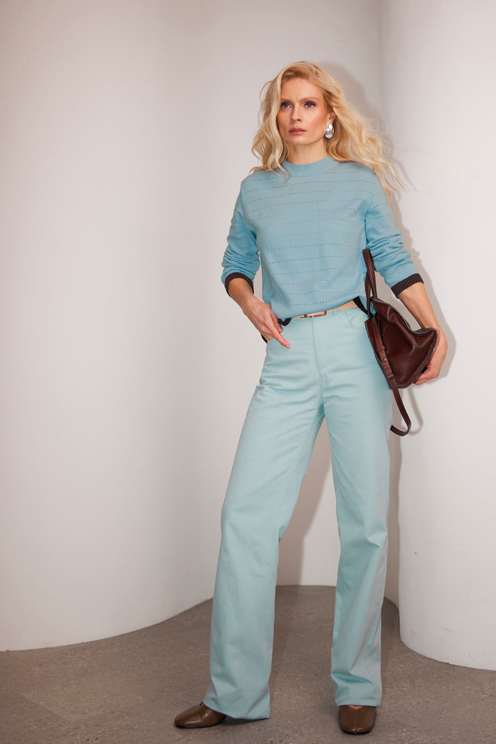 Cotton Bamboo Knit Sweater With Contrast Cuffs, Sky Blue