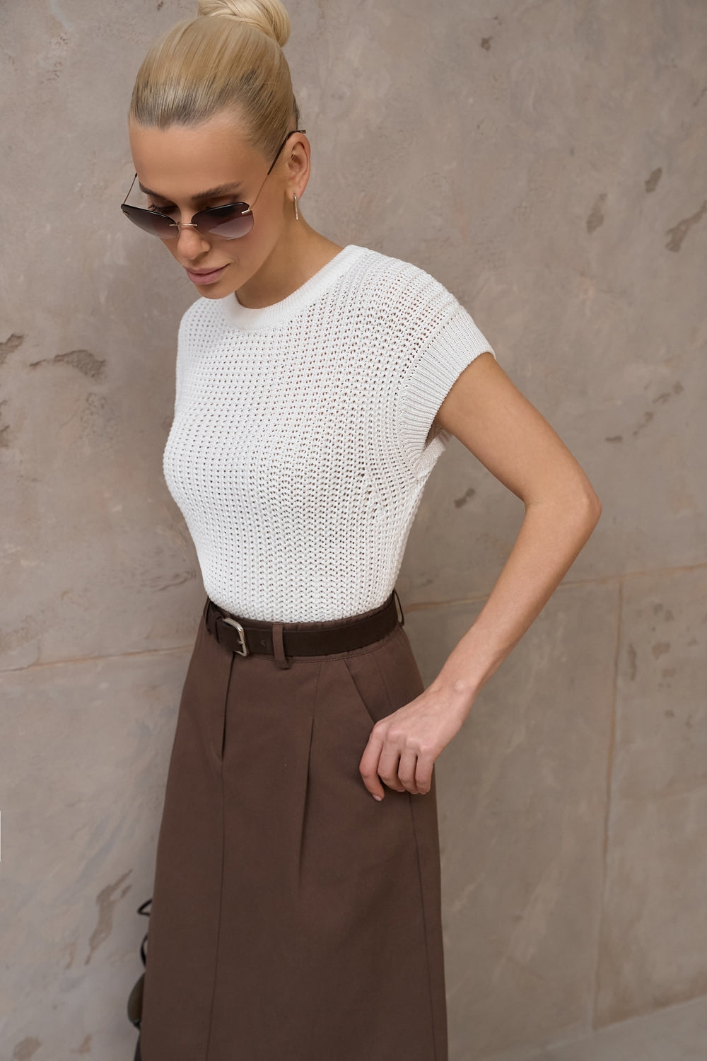 Cotton Textured Open-Knit Short Sleeve Top, Ivory